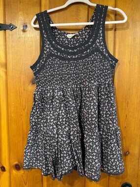 Lucky Brand Black Floral Sleeveless Smocked Babydoll Dress
